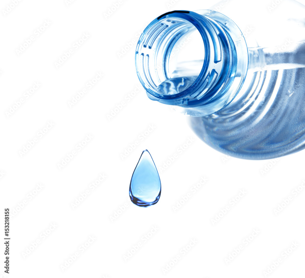 Wall mural Bottle and water drop on white background. Concept of clean drink