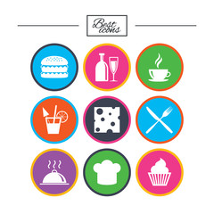 Food, drink icons. Coffee and hamburger signs.