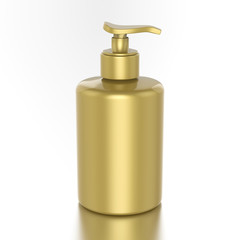 3D illustration gold bottle with liquid soap