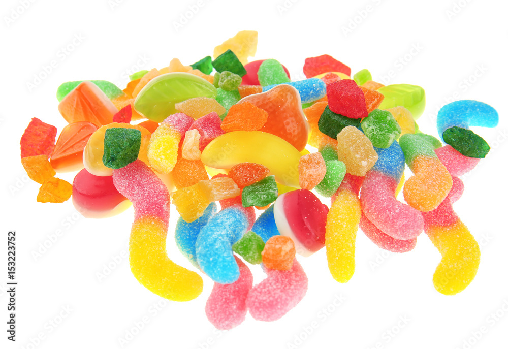 Sticker tasty and colorful jelly candies on white background