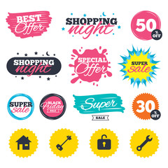 Home key icon. Wrench service tool symbol.