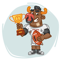 Bull Football Player Holds Ball and Cup