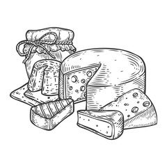 Cheese and honey jar vector hand drawn set engarving illustration. Other types of milk cheese slice. Fat organic bio farm food set engraved collection. Black food isolated on white background.