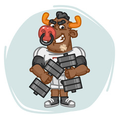 Bull Football Player Holds Two Dumbbells