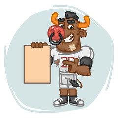 Bull Football Player Indicates on Blank Sheet Paper