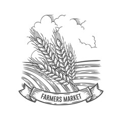 Farmers market badge with wheat, cereals. Monochrome vintage engraving fresh organic bread, ear, spica sign isolated on white background. Sketch vector hand drawn illustration.