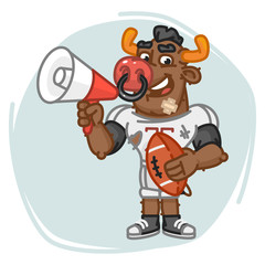 Bull Football Player Speaks Into Megaphone and Holds Ball