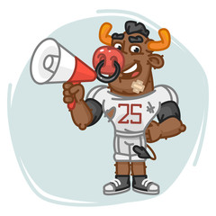 Bull Football Player Speaks Into Megaphone