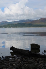 Loch Lomond, Scotland. View across Loch lake from low perspective boat in view stock, photo, photograph, image, picture,