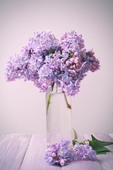 Vase with beautiful bouquet of lilac flowers on light background