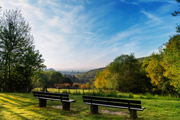 Fototapeta premium park bench with view on Frankfurt am Main