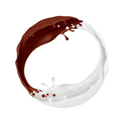 Splashes of chocolate and milk merge isolated on white background