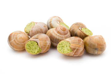Cooked snails delicacy. French cuisine stuffed snails.