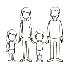 blurred silhouette caricature faceless family group with parents and children taken hands vector illustration