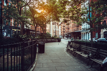 Calm city street park under sunlight in Manhattan, New York City - obrazy, fototapety, plakaty