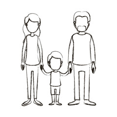 blurred silhouette caricature faceless family with parents and little boy taken hands vector illustration