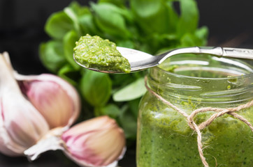 delicious pesto sauce  with raw ingredients