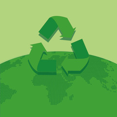 recycle symbol illustration over planet earth on  green and points color backdrop