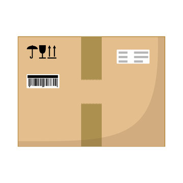 Brown closed with adhesive scotch tape carton delivery packaging box with fragile signs isolated on white background. Vector illustration.