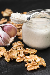 walnut pesto with raw ingredients