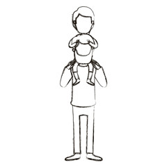 blurred silhouette caricature faceless bearded father with boy on his back vector illustration
