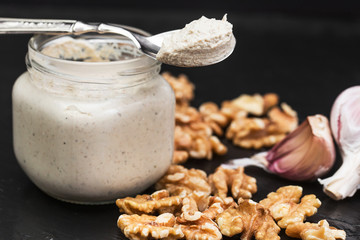 walnut pesto with raw ingredients