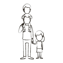 blurred silhouette caricature faceless dad with boy on his back and girl taken hands vector illustration