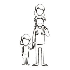 blurred silhouette caricature faceless dad with daugther on his back and girl taken hands vector illustration