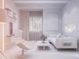 3d illustration of the interior design of the living room. The interior style of the apartment is modern. Render without textures and materials

