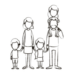Fototapeta na wymiar blurred silhouette caricature faceless big family parents with girl on his back and children taken hands vector illustration