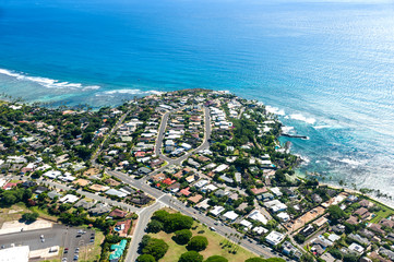 Flying over Oahu island, Hawaii 