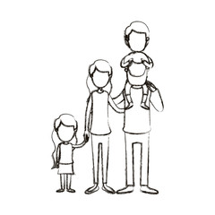 blurred silhouette caricature faceless big family parents with boy on his back and daugther taken hands vector illustration