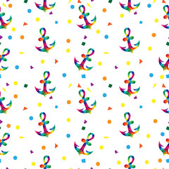 Seamless pattern with poligonal style anchor and color dot illustration on white background