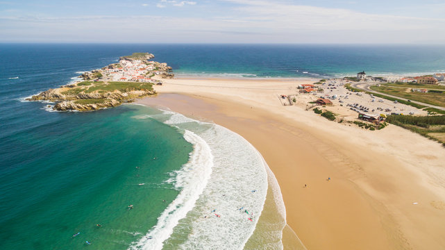 Praia do Campismo and Island Baleal naer Peniche on the shore of the ocean in west coast of Portugal