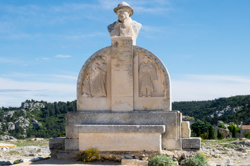 Europe,France,Les Baux de Provence (medieval city), monument to Charloun Rieu the poet who memorialized Les Baux de Provence in verse, in Chants du Terrior 1897.