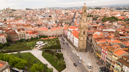 Fototapeta na wymiar Porto cityscape with famous bell tower of Clerigos Church, Portugal aerial view