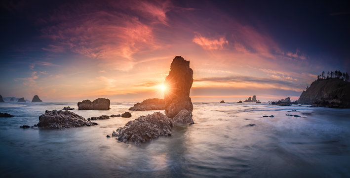 Ecola State Park beach sunset panorama