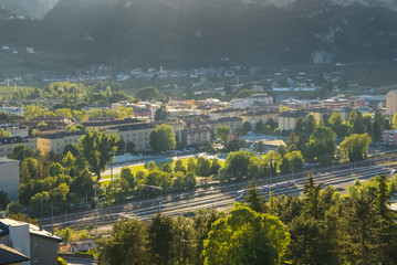 Sustainable transport concept, traffic and railway transport. skyline of Trento, Italy