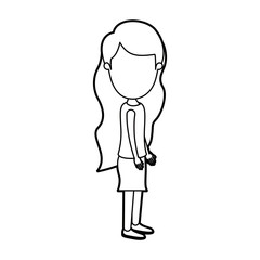 black thick contour caricature faceless full body girl with wavy long hair looking to side vector illustration