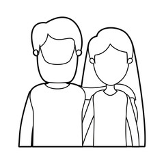 black thick contour caricature faceless half body couple woman with long hair and bearded man vector illustration