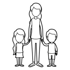 black thick contour caricature faceless full body mother taken hand with girl and boy vector illustration