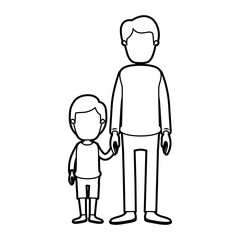 black thick contour caricature faceless full body man taken hand with little boy vector illustration