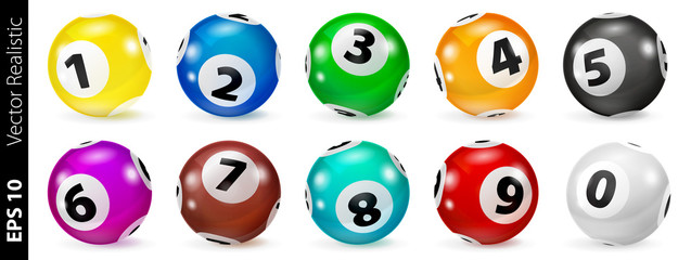 Vector Colorful Bingo. Lottery Number Balls. Colored balls isolated. Bingo ball. Bingo balls with numbers. Set of colored balls. Realistic vector. Lotto concept.