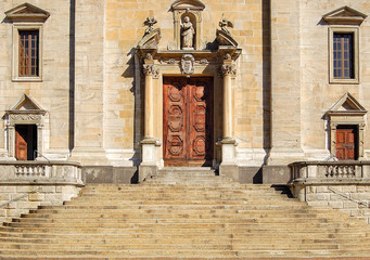 Stairway and main entrance of Collegiata dei SS Pietro e Stefano - Bellinzona, Switzerland