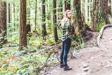 Girl at Baden Powell Trail near Quarry Rock at North Vancouver, BC, Canada