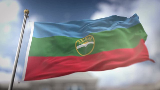 Karachay-Cherkessia Flag Waving Slow Motion 3D Rendering Blue Sky Background - Seamless Loop 4K