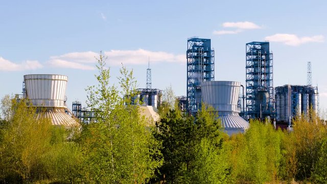 oil refinery with green leaves in the foreground. Industry and the environment together
