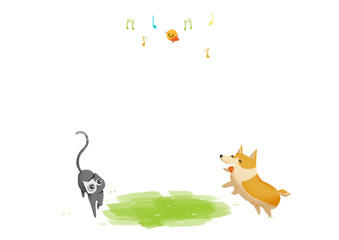 Dog, Cat and Bird. Video Game's Digital CG Artwork, Concept Illustration, Realistic Cartoon Style Background
