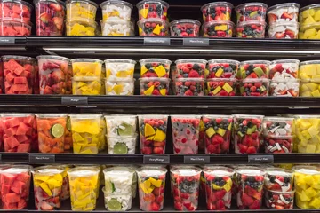 Photo sur Plexiglas Fruits Fresh chopped and chunks fruit plastic box display in store at Houston, Texas, US. In-house cut, packed watermelon, mango, cantaloupe, mixed berry, coconut to take away. Convenience, healthy lifestyle