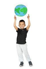Happiness little boy smiling and holding ecology globe placard
